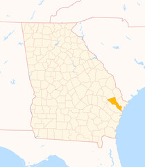 Map of the County Bryan (Georgia, US) showing the Federal State with the highlighted County