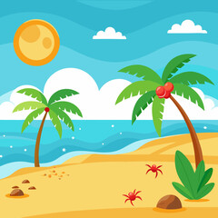 Obraz premium Cartoon tropical beach scene with palm trees and crabs