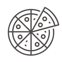 Simple line art icon of a whole pizza with one slice missing