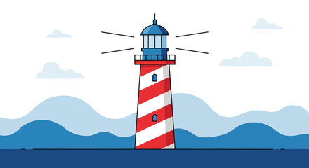 Striking Lighthouse Beacon Guiding Ships Cartoon Illustration At Sea In Minimal Style