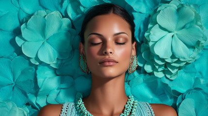Luxury beauty portrait of a fashion model with turquoise jewelry relaxing in a bed of matching flowers
