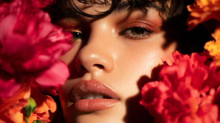 Glamour beauty portrait of a woman with bronze eyeshadow and glossy lips, framed by vibrant  flowers