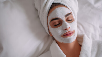 Beautiful young woman with a white face mask relaxing during a spa beauty treatment