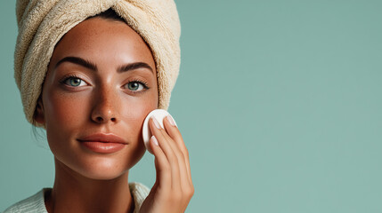 Beauty portrait of a woman removing makeup or applying skincare with a cotton pad