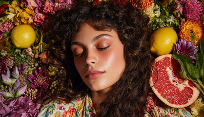 Organic skincare concept: A woman's face surrounded by fresh flowers and fruit