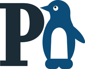 Dark initial P joins a cute stylized penguin on a white backdrop, transparent background
