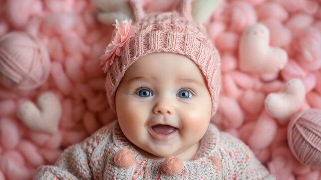 Cute baby essentials on pink background  hats, bunny toy, yarn ball, and outfit for announcements.