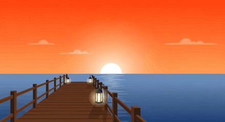 Obraz premium Sunset Over Ocean from Wooden Pier with Lanterns for Serene Scene