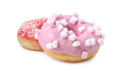 Delicious donuts with marshmallows and sprinkles isolated on white