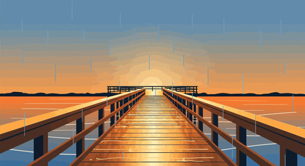Fototapeta premium Sunset Serenity Wooden Pier Over Calm Water Scenery Under A Rainy Sky