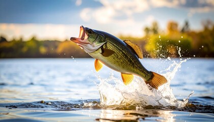 Obraz premium A stunning action shot of a large-mouth bass leaping out of the water