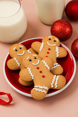 Festive holiday gingerbread cookies with milk for Christmas celebration. Happy New Year