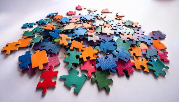 colorful jigsaw puzzle pieces scattered on a white background ideal for themes of problem solving creativity and leisure activities