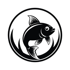 Stylized black fish leaping within a circular emblem with water elements