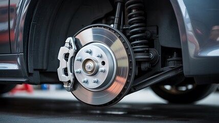 Fototapeta premium Car wheel brake disc and suspension system in close up view