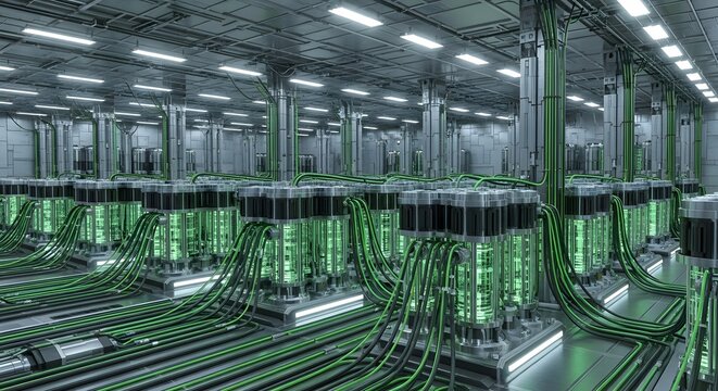 Futuristic data center with rows of servers glowing green, showcasing modern technology and digital infrastructure