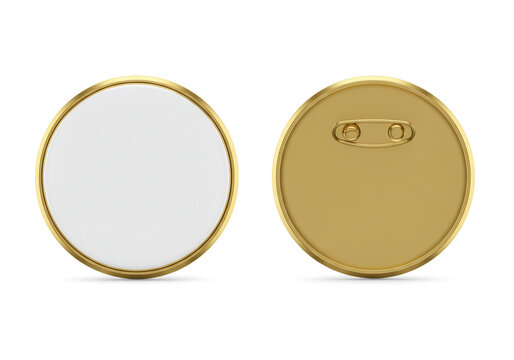Elegant gold-rimmed blank badge front and back with pin, ready for customization and branding