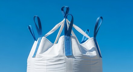Closeup of a large white industrial bulk bag with blue straps