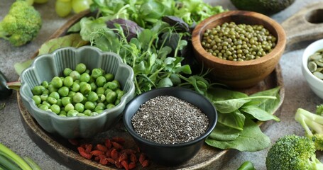 Superfood. Different healthy products on grey table, closeup