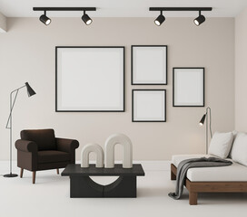Fototapeta premium Modern Living Room Interior with ISO A Paper Size Frame Mockup on Wall 3D Render