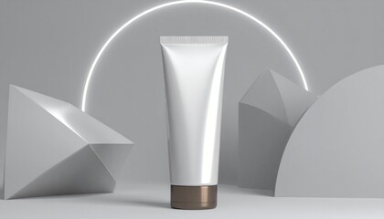 White cosmetic tube on geometric background.