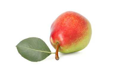 One ripe pear with leaf isolated on white