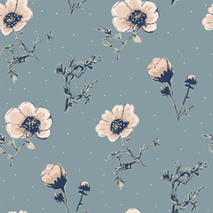 Cute floral seamless pattern with silhouettes of meadow wild herbs flowers. Flower vector illustration background. Print in rustic vintage style, textile or wallpapers.