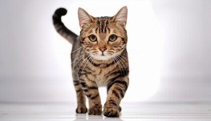 Obraz premium striped cat walks confidently towards the camera against a clean white background showcasing its striking features