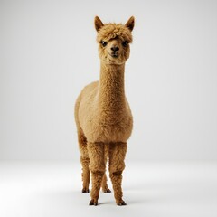 Fototapeta premium A charming alpaca standing gracefully, its fluffy coat a warm, inviting brown. Its serene expression captivates, set against a subtle backdrop.