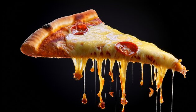 melted cheese and golden crust pizza slice hanging in black background