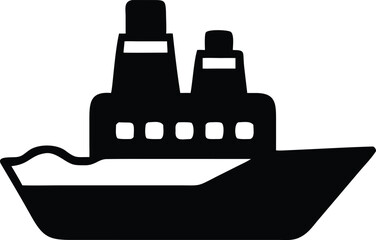 Obraz premium Black silhouette icon of a cruise ship with multiple decks and smokestacks on a white background