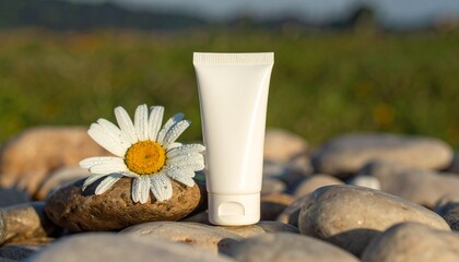 White tube of cream with daisy flower on rocks.