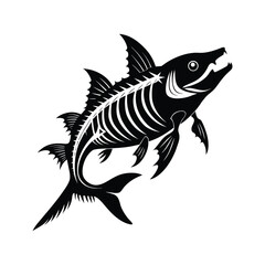 Striking black and white illustration of a skeletal fish with sharp teeth