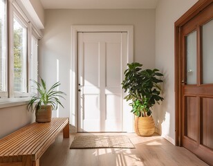 bright interior entrance hallway with wooden bench plants white door sunlight and minimal decor