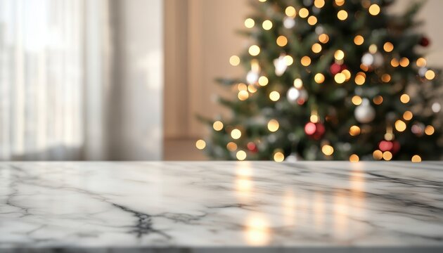 Elegant Diagonal Marble Table With Abstract Christmas Tree Decor And Warm Living Room Ambiance, Blurred With Bokeh Lights, Festive Holiday Background.