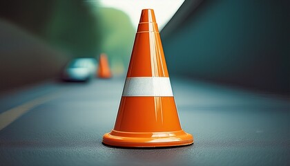 orange traffic cone with white stripes standing up signaling caution and indicating possible road work