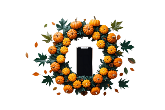 lush pumpkin wreath with green leaves and a blank smartphone, no background
