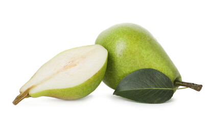 Whole and cut ripe pears isolated on white