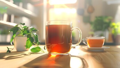 Warm Tea in Glass Mug on Sunny Kitchen Table