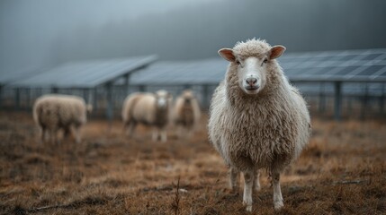 Curious sheep stands before misty solar farm, blending agriculture and renewable energy in a calm pastoral scene