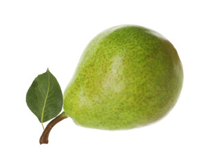 Whole ripe pear with leaf isolated on white