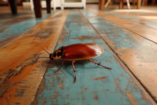 Cockroach crawls on warm kitchen floor in dim light, indicating pest problems and hygiene concerns
