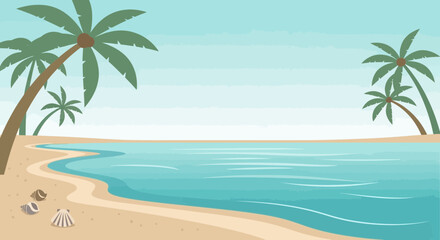 Stylized Tropical Beach Scene With Palm Trees And Seashells Illustration