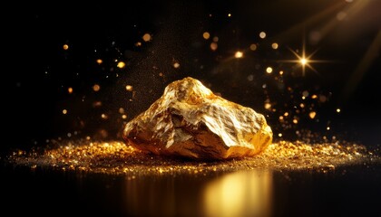 gold nugget on black background with glowing dust