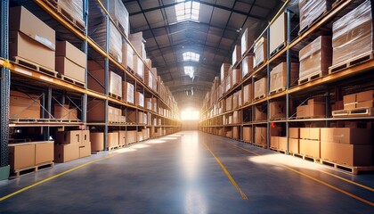 Fototapeta premium warehouse inventory rows of neatly stacked cardboard boxes fill industrial warehouse shelves showcasing efficient storage and logistics