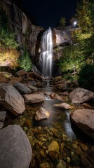 A beautiful nighttime long exposure of a stunning waterfall and stream.