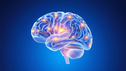 Human brain illustration with glowing connections on a blue background