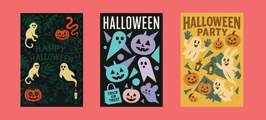 Whimsical Halloween Party Posters with Ghosts Pumpkins and Spooky Elements vector illustration