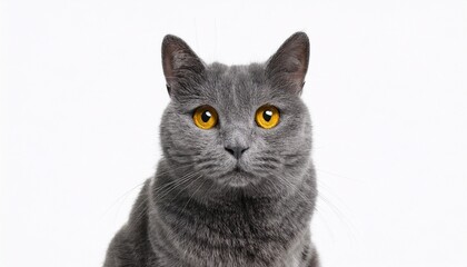 Obraz premium gray cat with bright yellow eyes sitting calmly against a white background