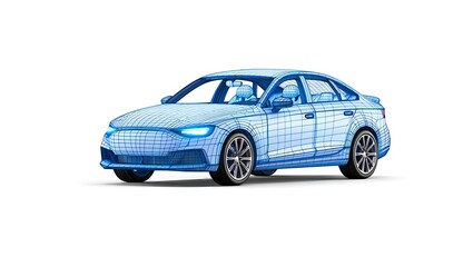 Naklejka premium Blue Wireframe Car Design Concept on White Background with Headlights On